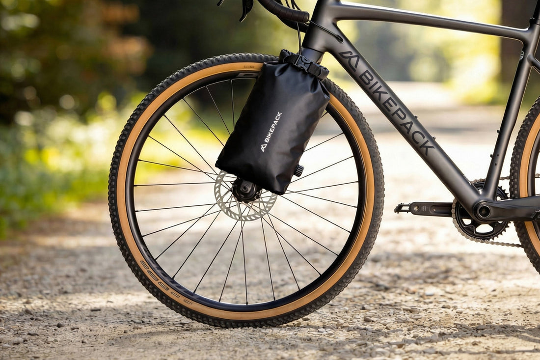 BIKEPACK Gabeltasche an der Federgabel eines Gravelbikes montiert