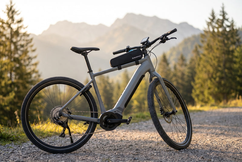 E-Bike mit Mittelmotor und BIKEPACK Oberrohrtasche am Oberrohr auf einem Schotterweg