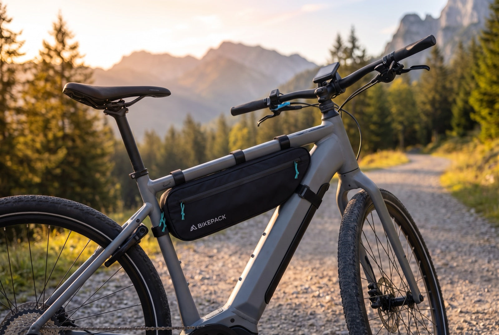 BIKEPACK Rahmentasche 3,3 L im Rahmendreieck eines E-Bikes — Größencheck auf Schotterweg in den Bergen