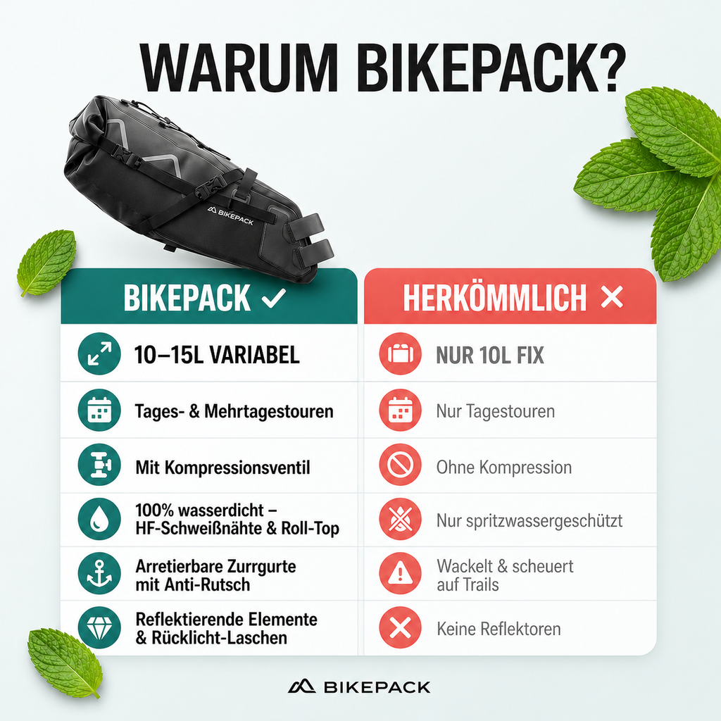Wasserdichte Bikepacking-Satteltasche 10–15 L